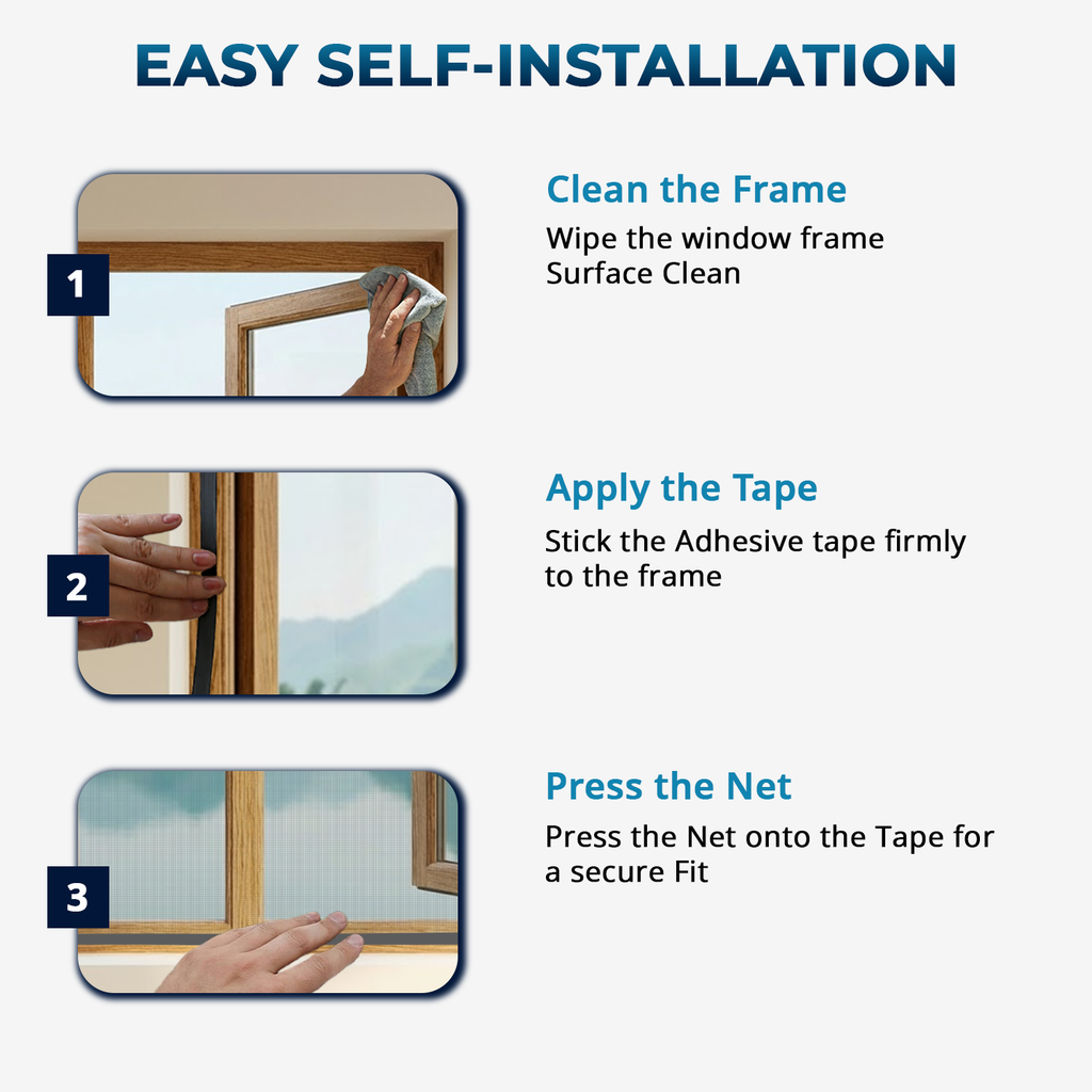 Pre-stitched fiberglass window mosquito net installation using self-adhesive hook tape