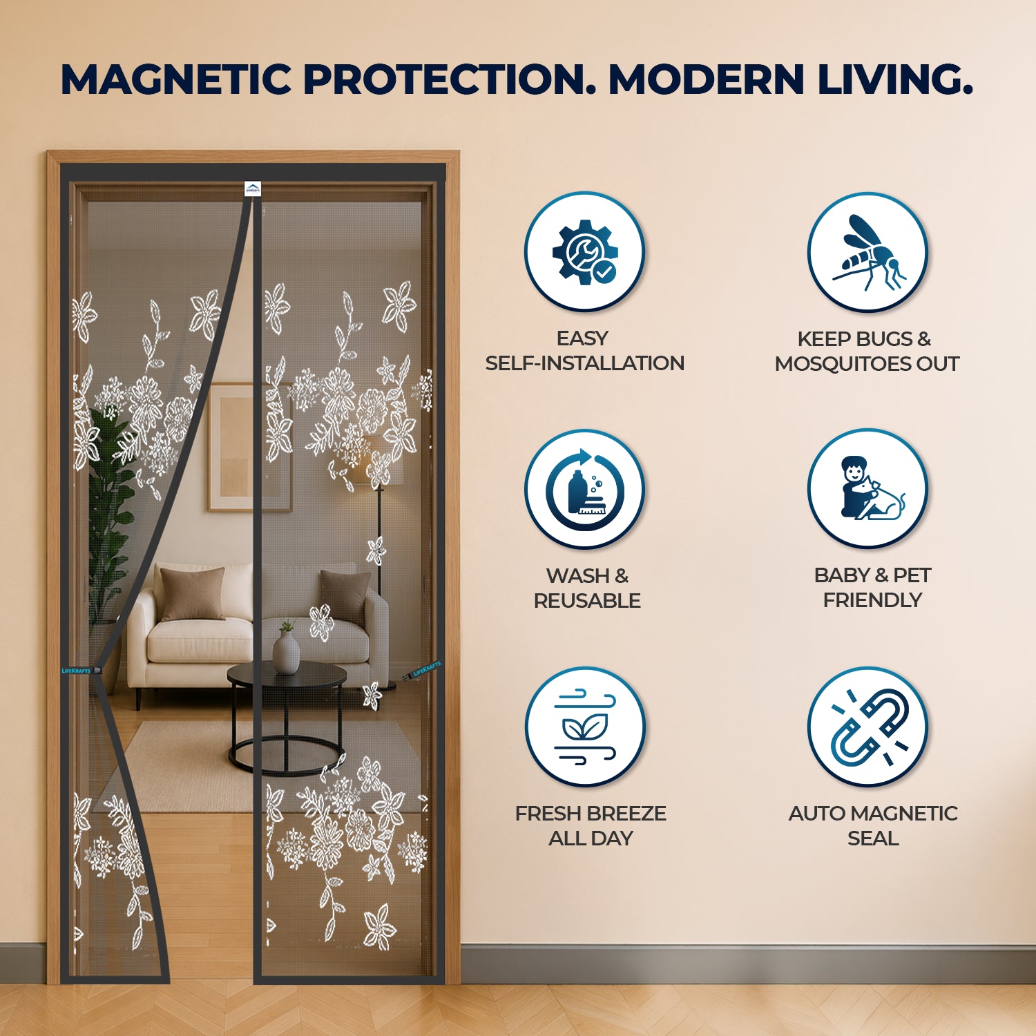 Mosquito Net for Door | Designer Polyester Net | Grey Jacquard | LifeKrafts