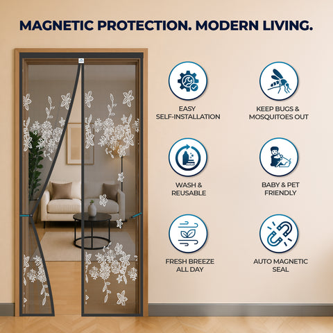 Standard Magnetic Mosquito Net For Door | Polyester | Grey Jacquard Design