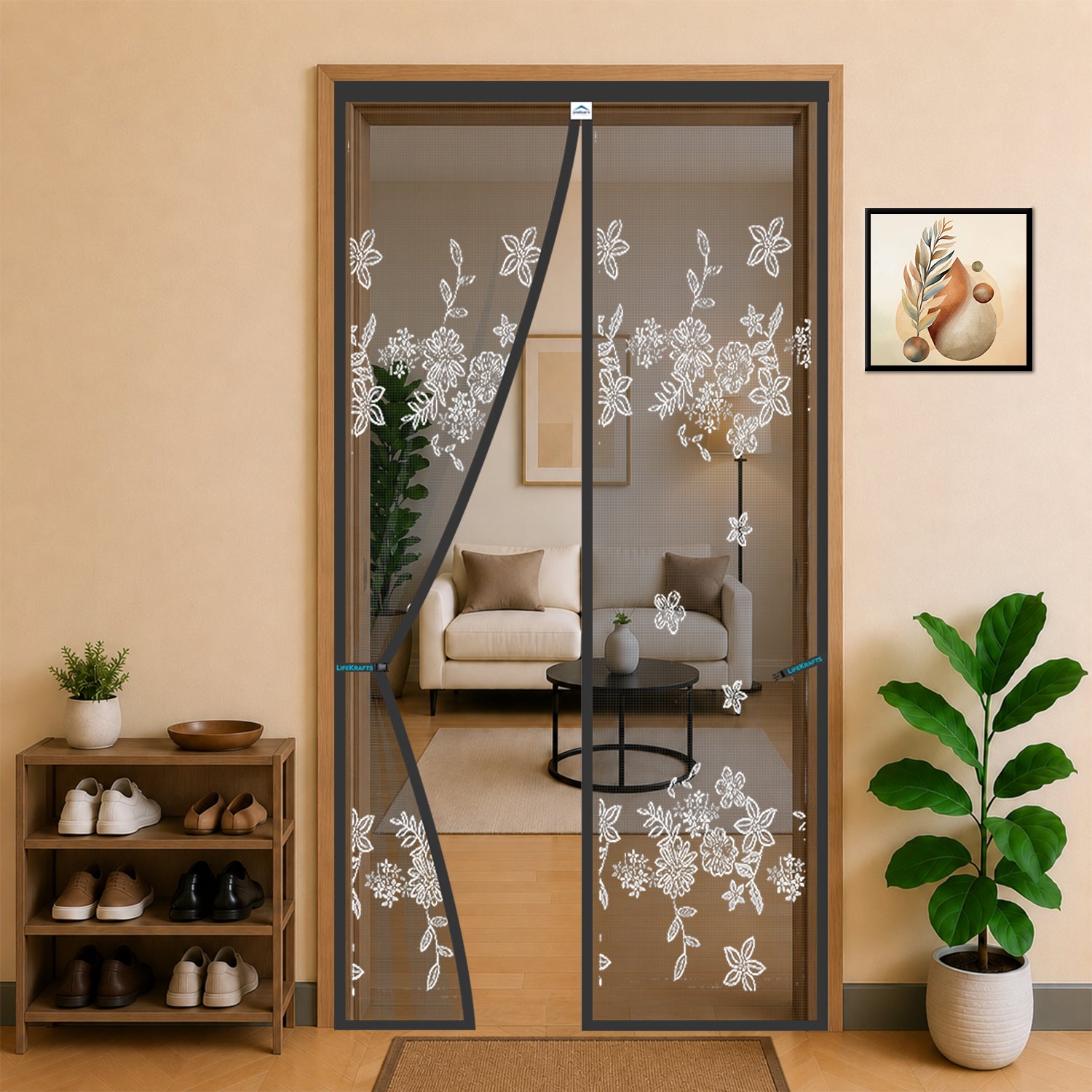 Standard Magnetic Mosquito Net For Door - Polyester - Grey Jacquard Design