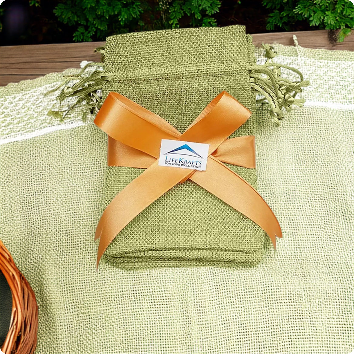 Green jute linen pouch with drawstring closure for return gifts and event favours