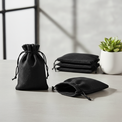 Black jute linen pouch with adjustable drawstring closure for gifting and storage