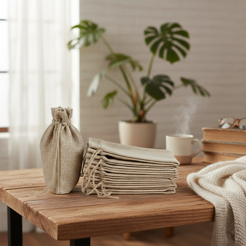 Brown jute linen drawstring pouches in multiple sizes for gifting and storage