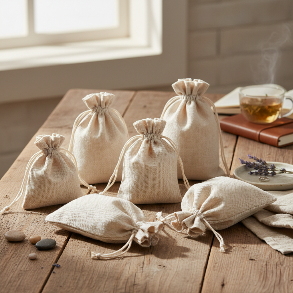 Cream white jute linen drawstring pouches in multiple sizes for gifting and storage