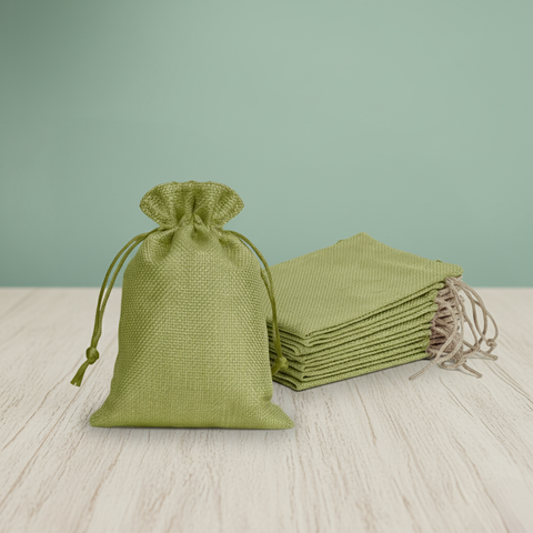 Green jute linen pouch with adjustable drawstring closure for gifting and storage