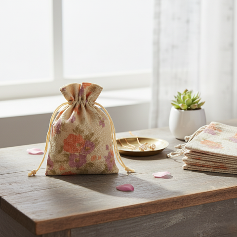 Purple floral jute linen pouch with adjustable drawstring closure for gifting and storage