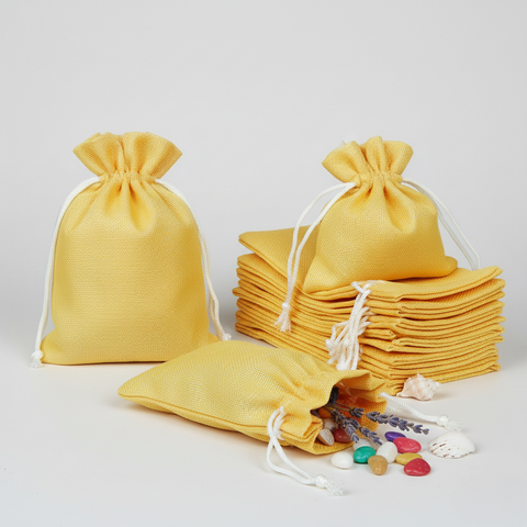 Yellow jute linen pouch with adjustable drawstring closure for gifting and storage
