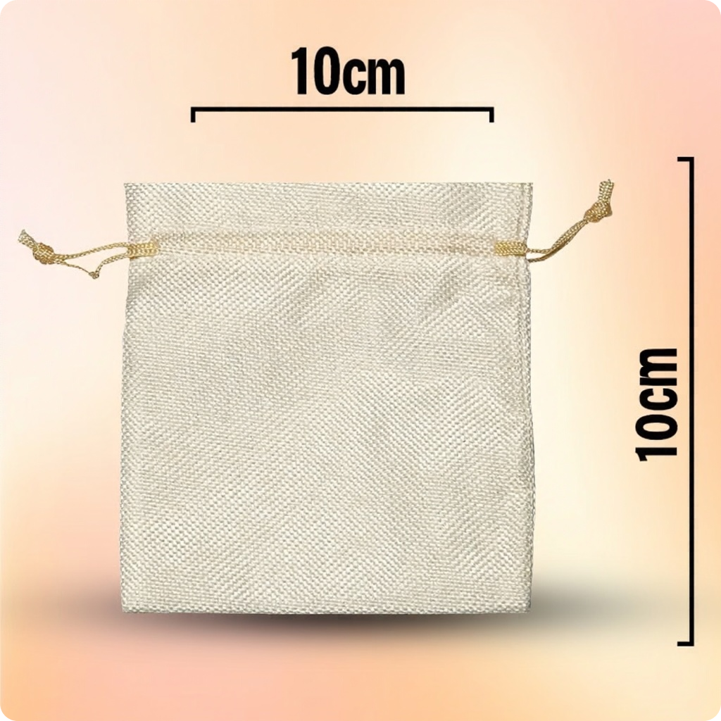 Cream white jute linen drawstring pouch in 10 x 10 cm size