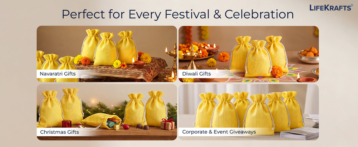 Jute Potli Bags | Adjustable Drawstring Bags | Yellow | LifeKrafts
