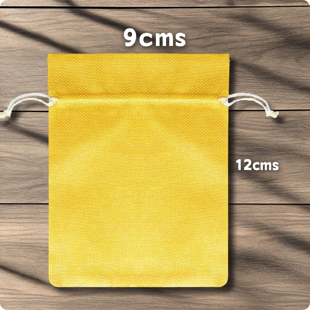 Yellow jute linen drawstring pouch in 9 x 12 cm size for gifts and small items