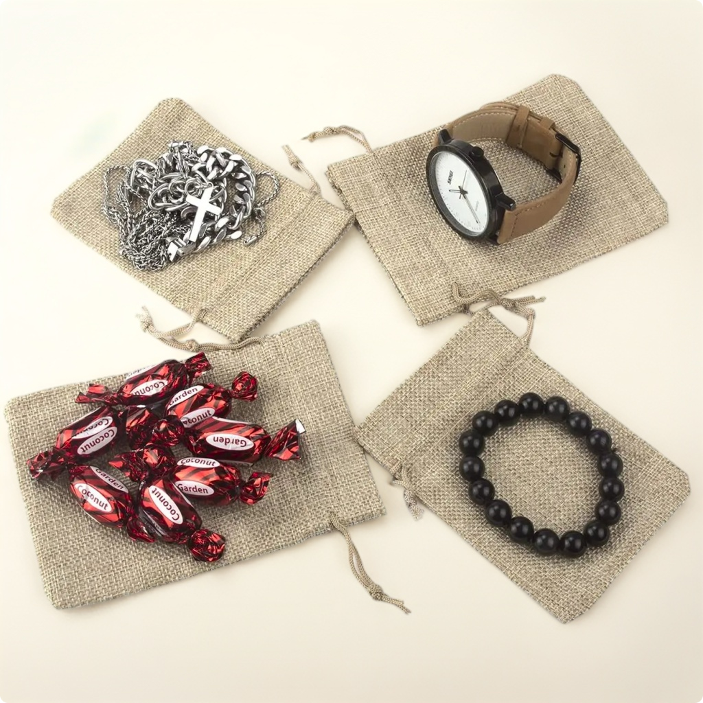 Brown jute drawstring pouch for gifts, jewellery, chocolates and multipurpose storage