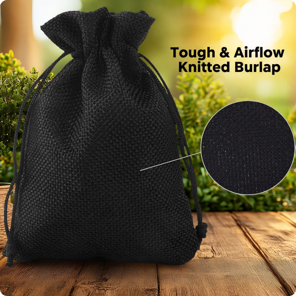 Black jute drawstring pouch with tough breathable knitted burlap texture