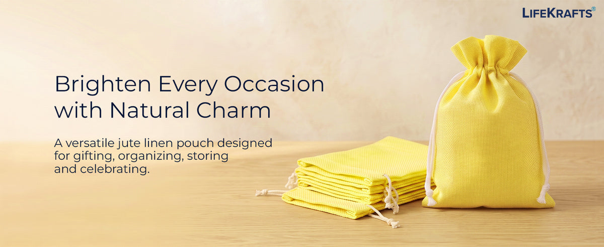 Jute Potli Bags | Adjustable Drawstring Bags | Yellow | LifeKrafts
