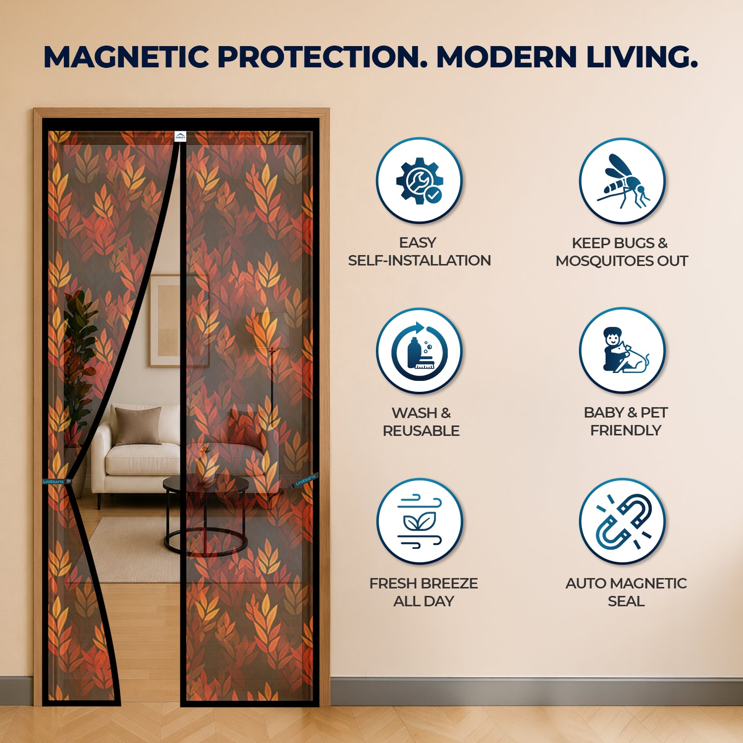 Mosquito Net for Door | Designer Polyester Net | Black Leaf Design | LifeKrafts