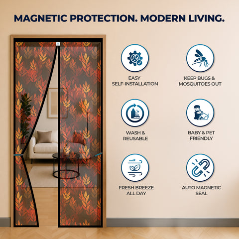 Standard Magnetic Mosquito Net For Door | Polyester | Black Leaf Design