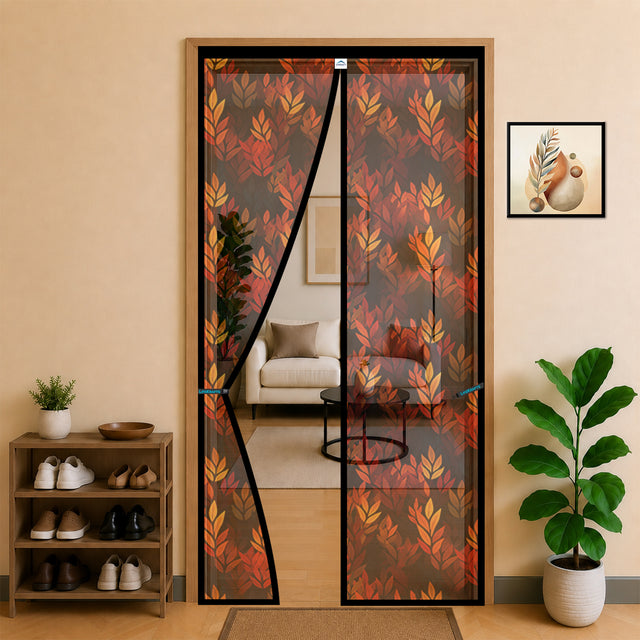 Standard Magnetic Mosquito Net For Door | Polyester | Black Leaf Design