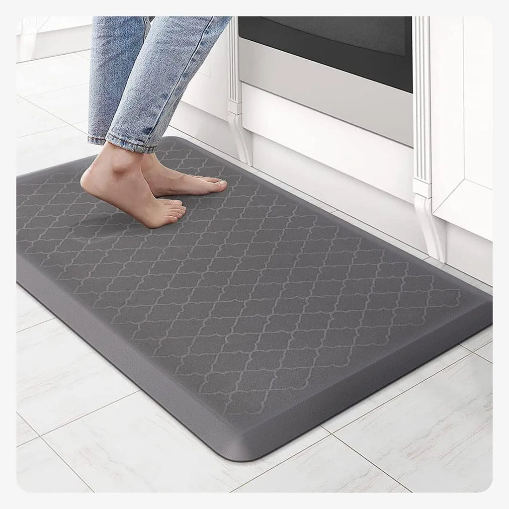 Grey patterned anti-fatigue kitchen floor mat for cushioned standing comfort