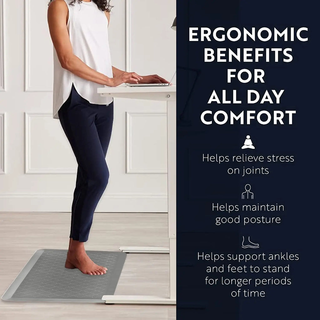 Grey anti-fatigue standing mat for cushioned support at a standing workstation