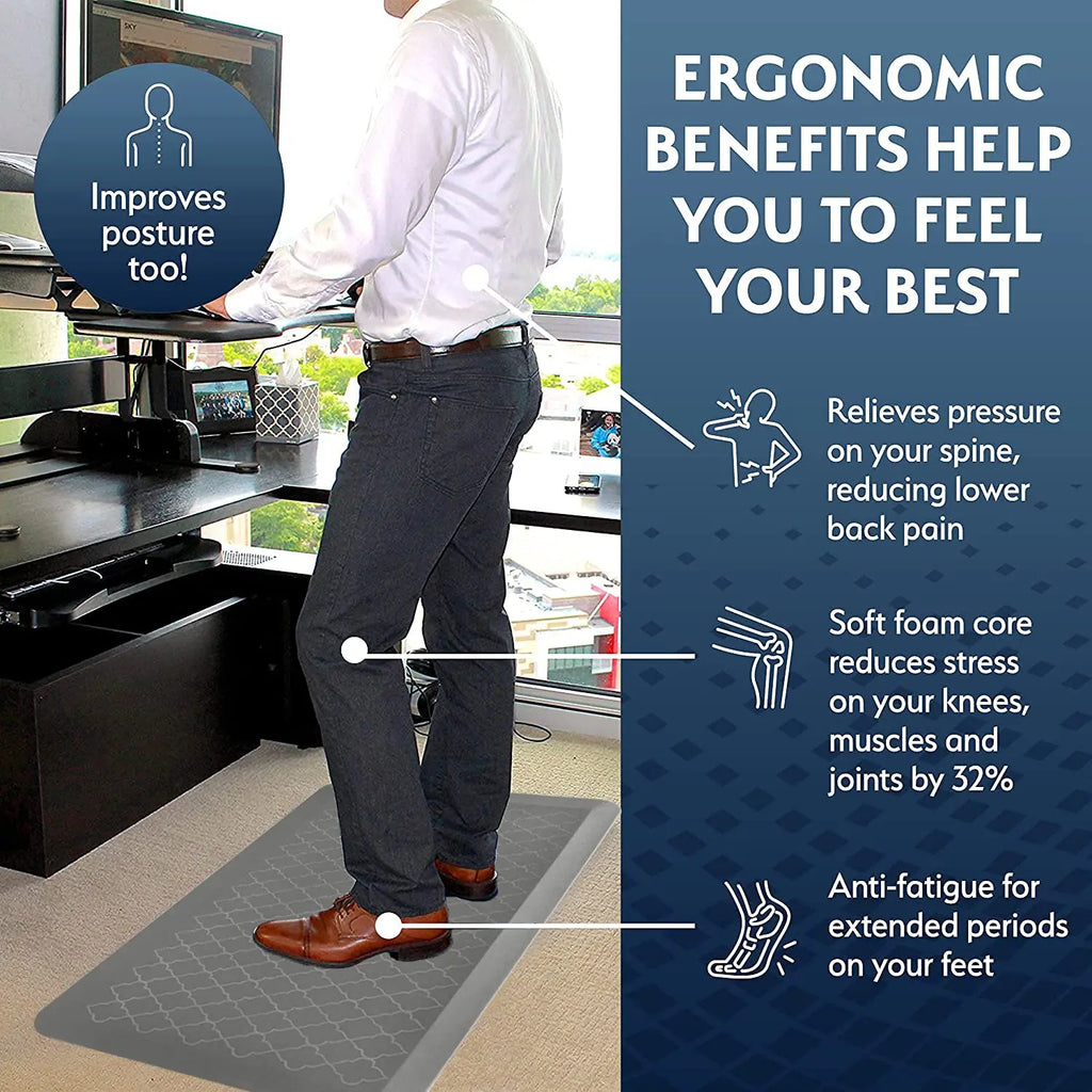 Grey ergonomic anti-fatigue standing mat for use at an office standing desk