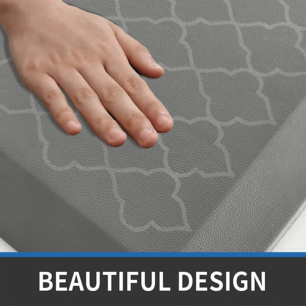 Grey anti-fatigue floor mat with textured decorative surface design