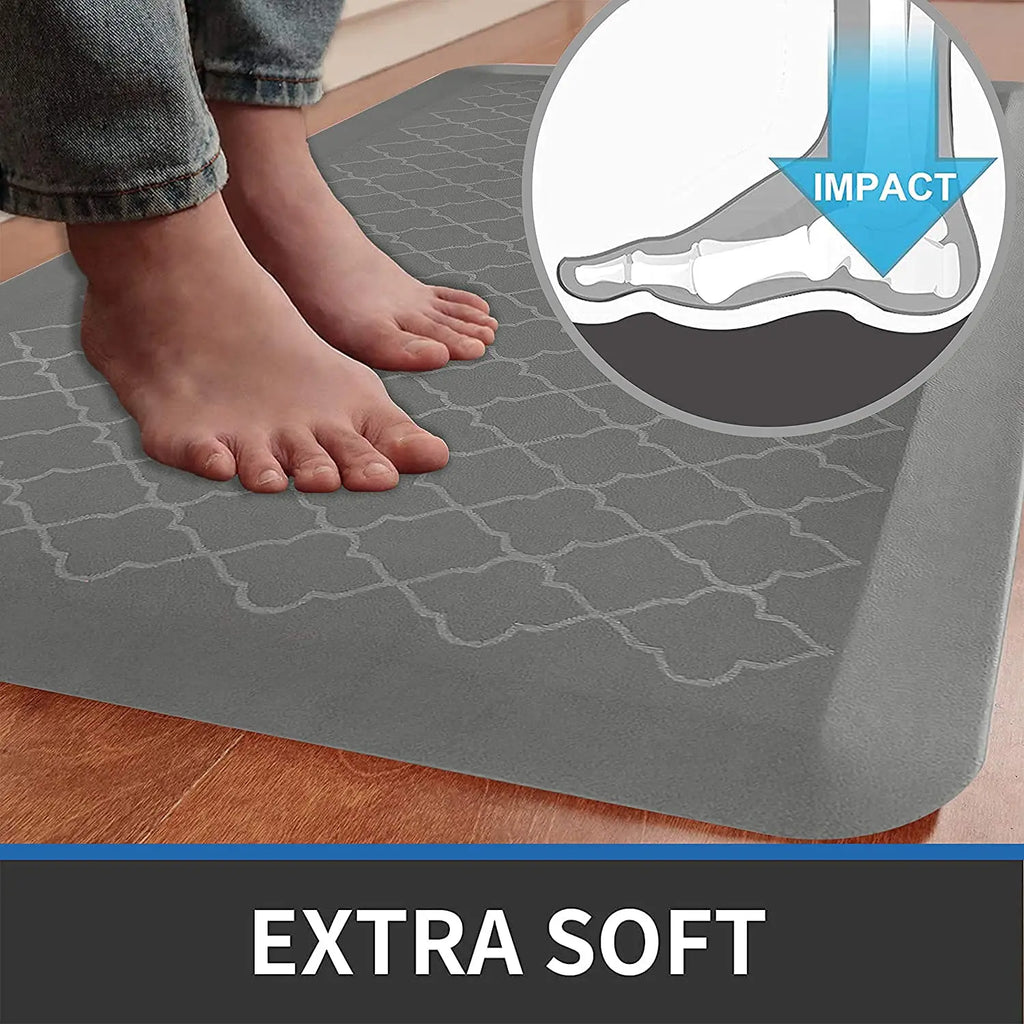 Soft cushioned grey anti-fatigue mat providing supportive comfort underfoot