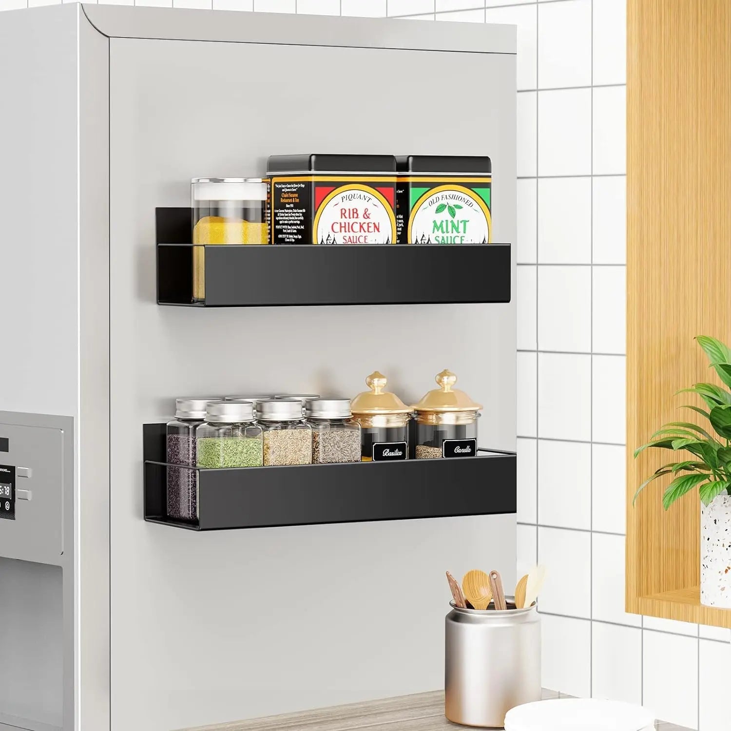 Magnetic Shelf for Fridge | 2 Shelf for Fridge and Microwave Oven, Space Saving for Kitchen (Black) Kitchen Rack LifeKrafts