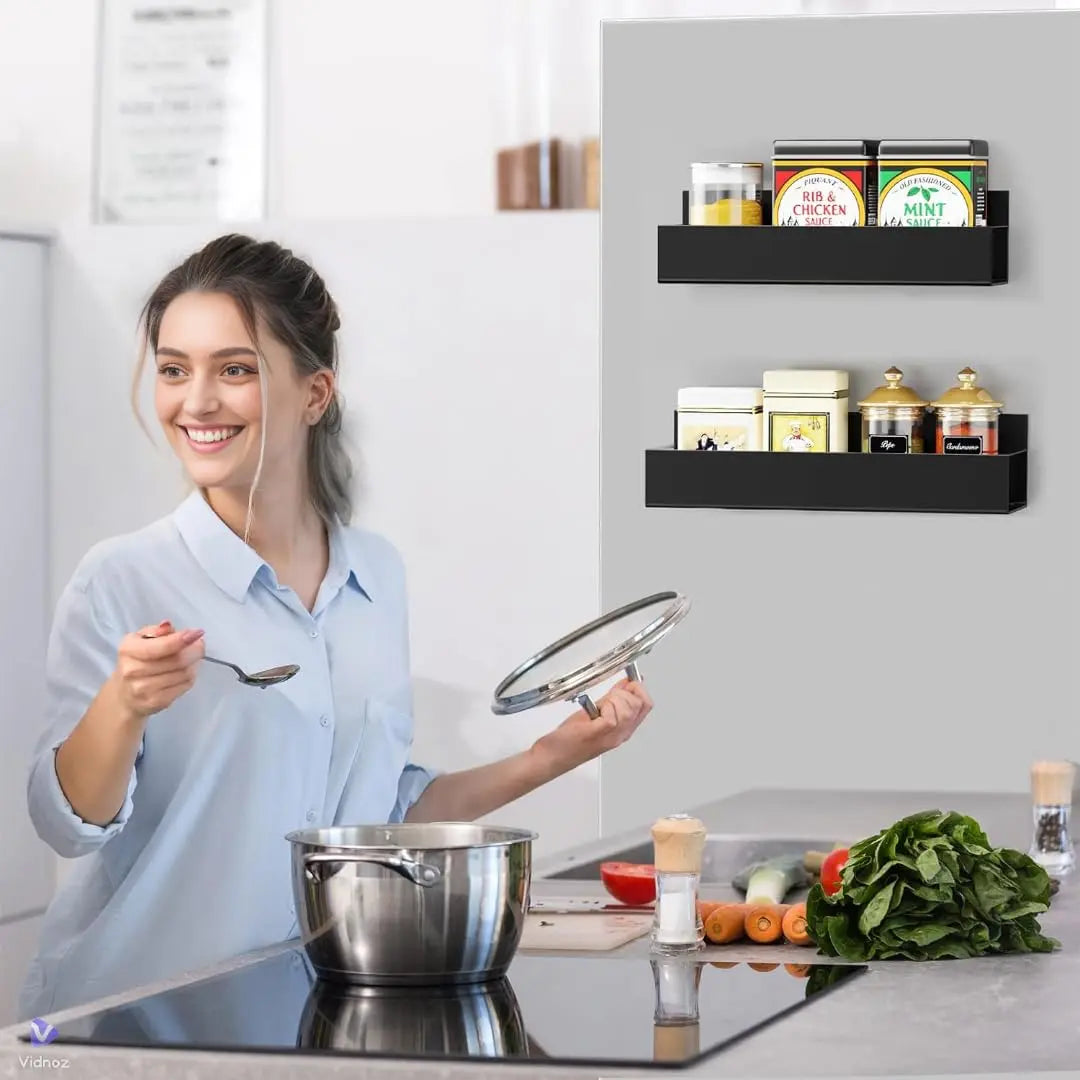 Magnetic Shelf for Fridge | 2 Shelf for Fridge and Microwave Oven, Space Saving for Kitchen (Black) Kitchen Rack LifeKrafts