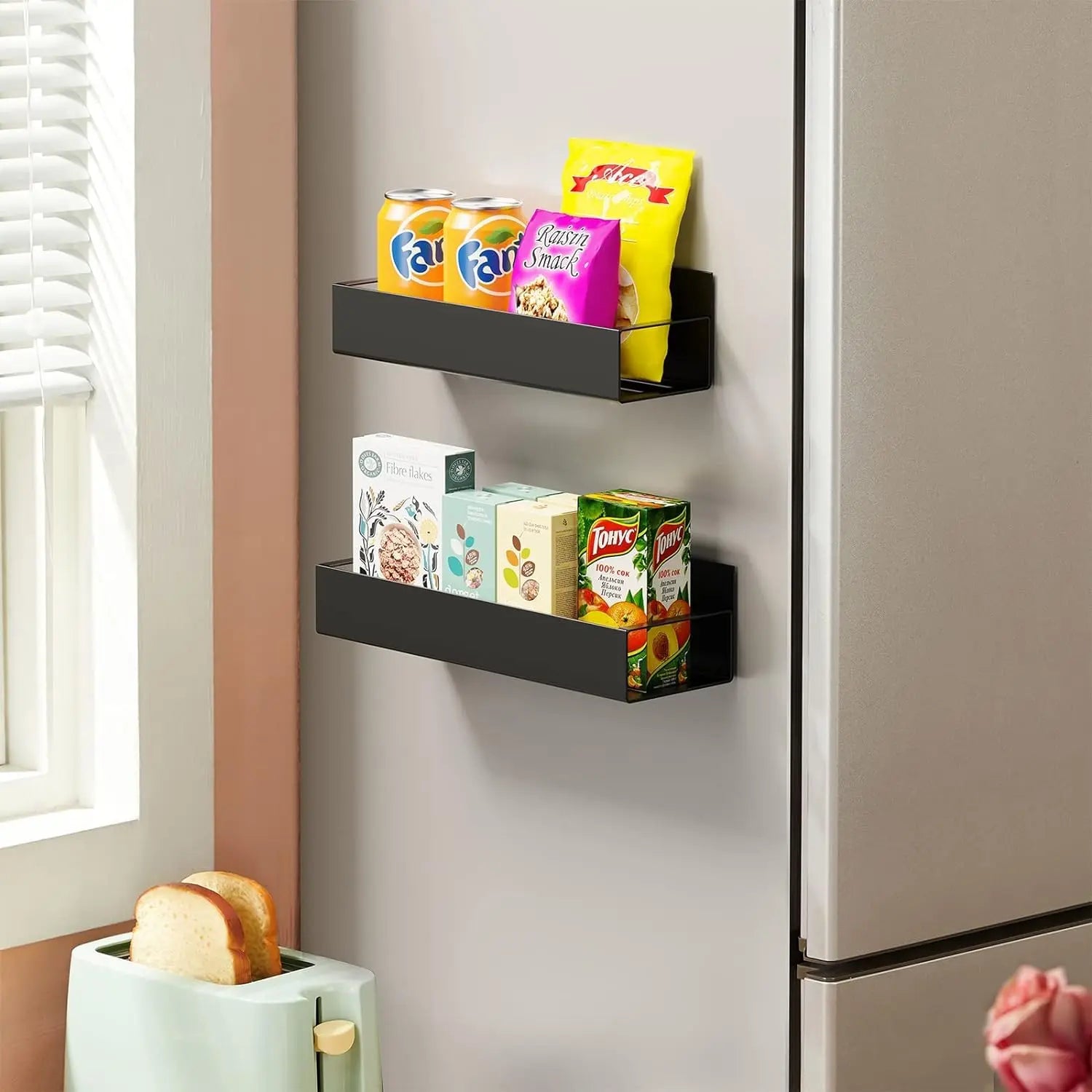Magnetic Shelf for Fridge | 2 Shelf for Fridge and Microwave Oven, Space Saving for Kitchen (Black) Kitchen Rack LifeKrafts