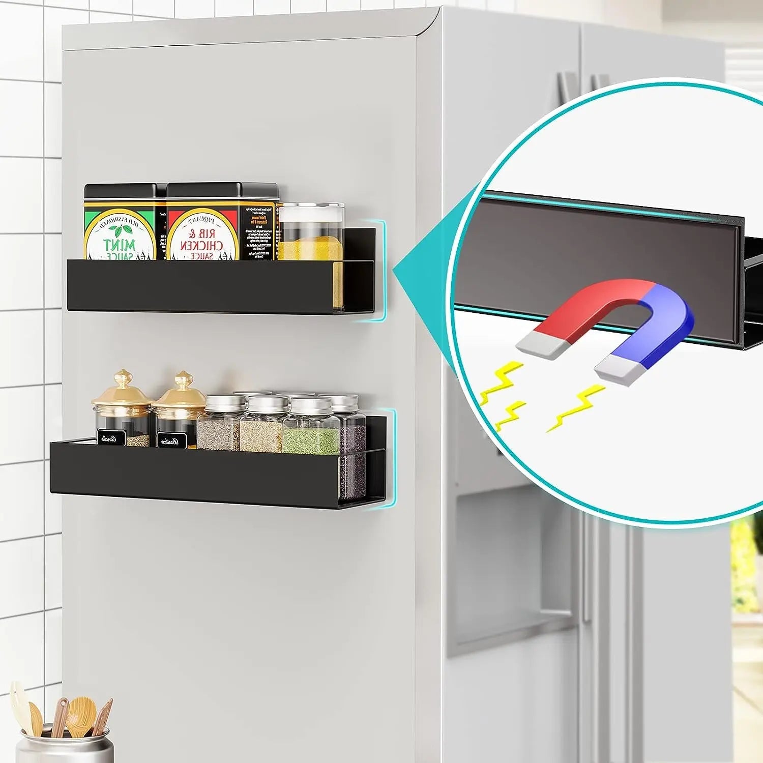 Magnetic Shelf for Fridge | 2 Shelf for Fridge and Microwave Oven, Space Saving for Kitchen (Black) Kitchen Rack LifeKrafts