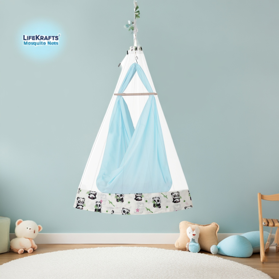 Mosquito Net for Baby Swing-Jhula | Side Zip Opening | Lightweight Polyester Mesh | Panda Print Border | 160cm x 100cm | White LifeKrafts