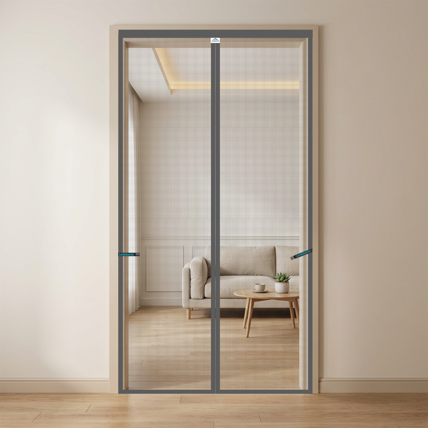 Grey fiberglass magnetic mosquito net for door with auto-close center opening