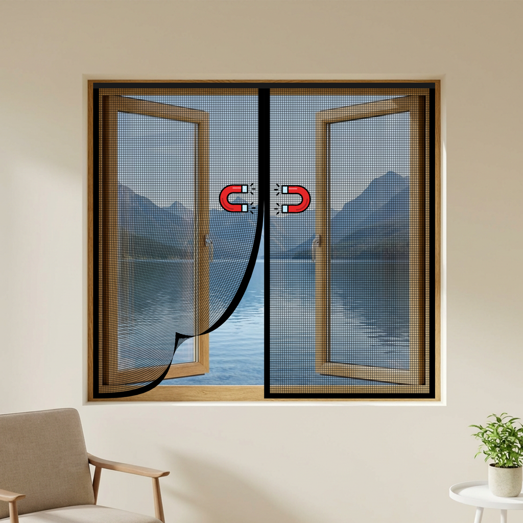 Black polyester magnetic mosquito net for windows with automatic center closure