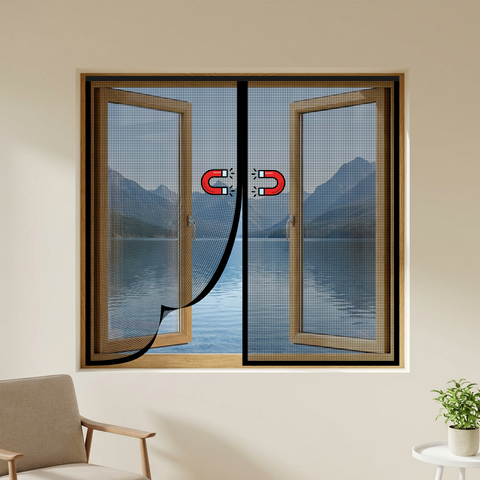 Black polyester magnetic mosquito net for windows with automatic center closure