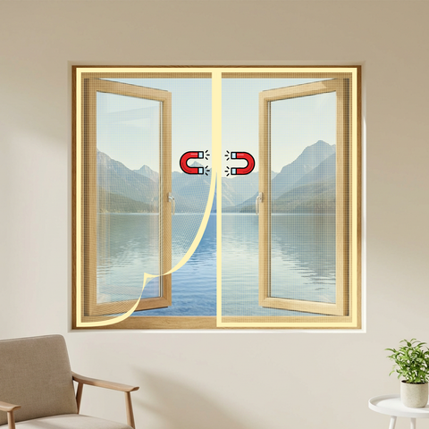 Beige polyester magnetic mosquito net for windows with automatic center closure