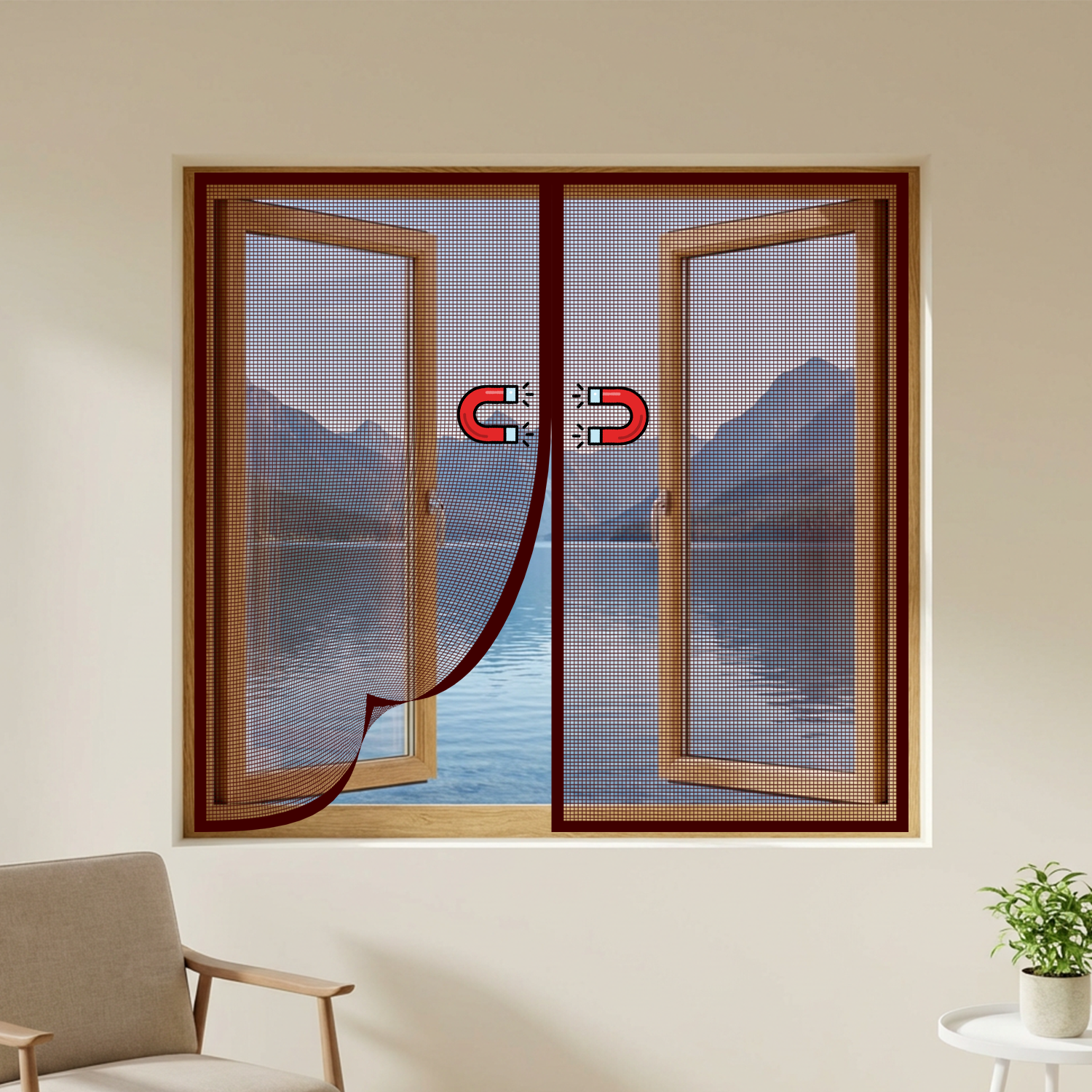 Brown polyester magnetic mosquito net for windows with automatic center closure
