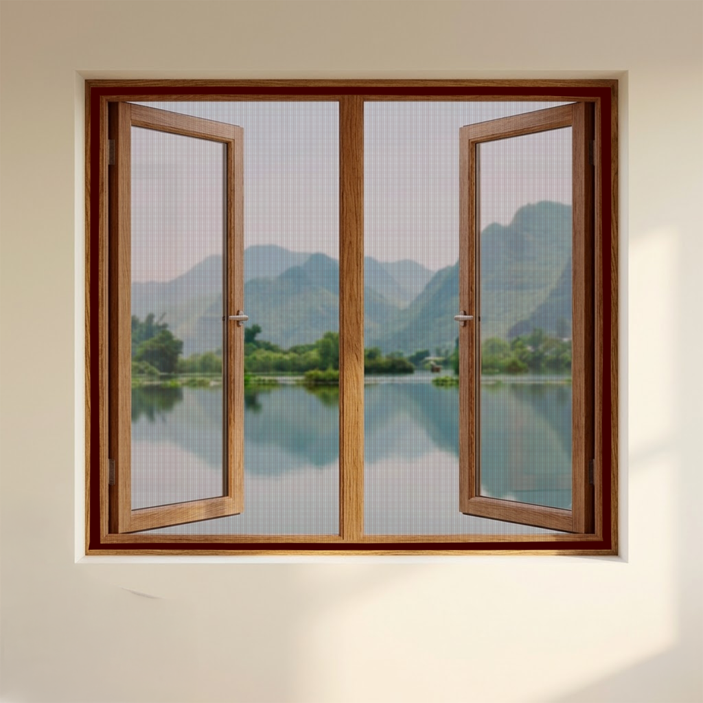 Brown fiberglass pre-stitched window mosquito net by LifeKrafts – warm earthy tone ideal for wooden window frames and traditional home interiors