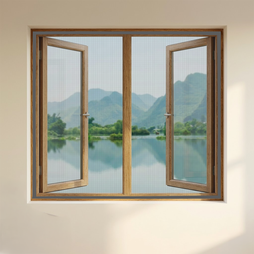 Grey pre-stitched fiberglass mosquito net for windows with easy DIY installation