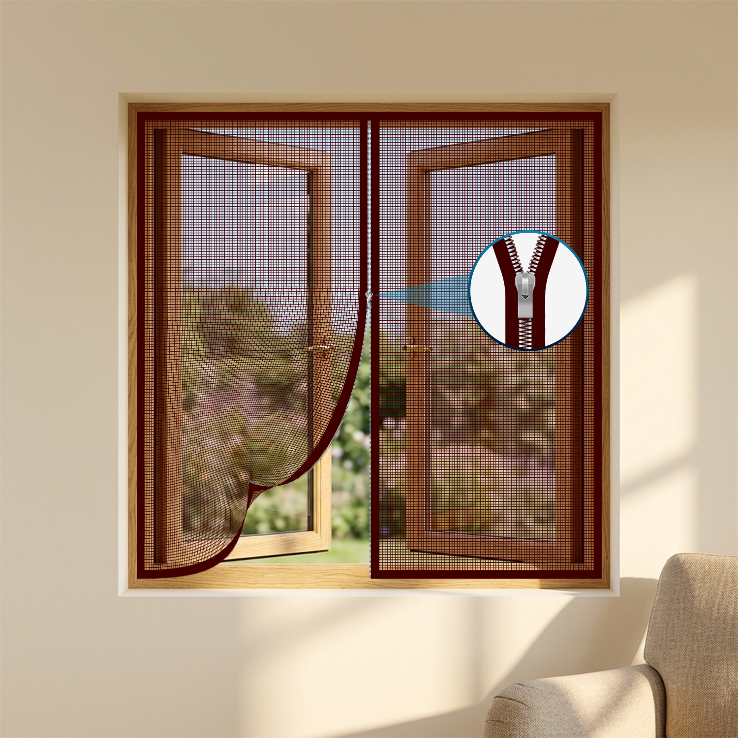 LifeKrafts Brown Zipper Window Mosquito Net – 120 GSM Fiberglass, Pre-stitched, Easy DIY Install for Wooden & UPVC Windows