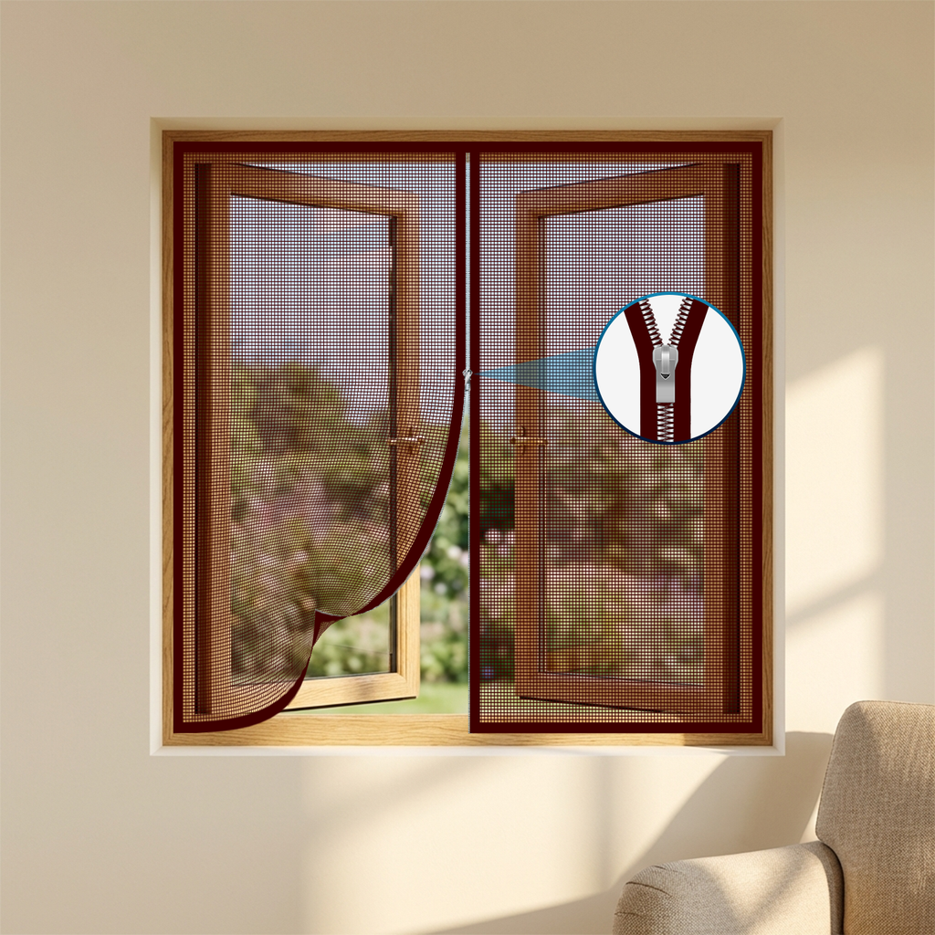 LifeKrafts Brown Zipper Window Mosquito Net – 120 GSM Fiberglass, Pre-stitched, Easy DIY Install for Wooden & UPVC Windows