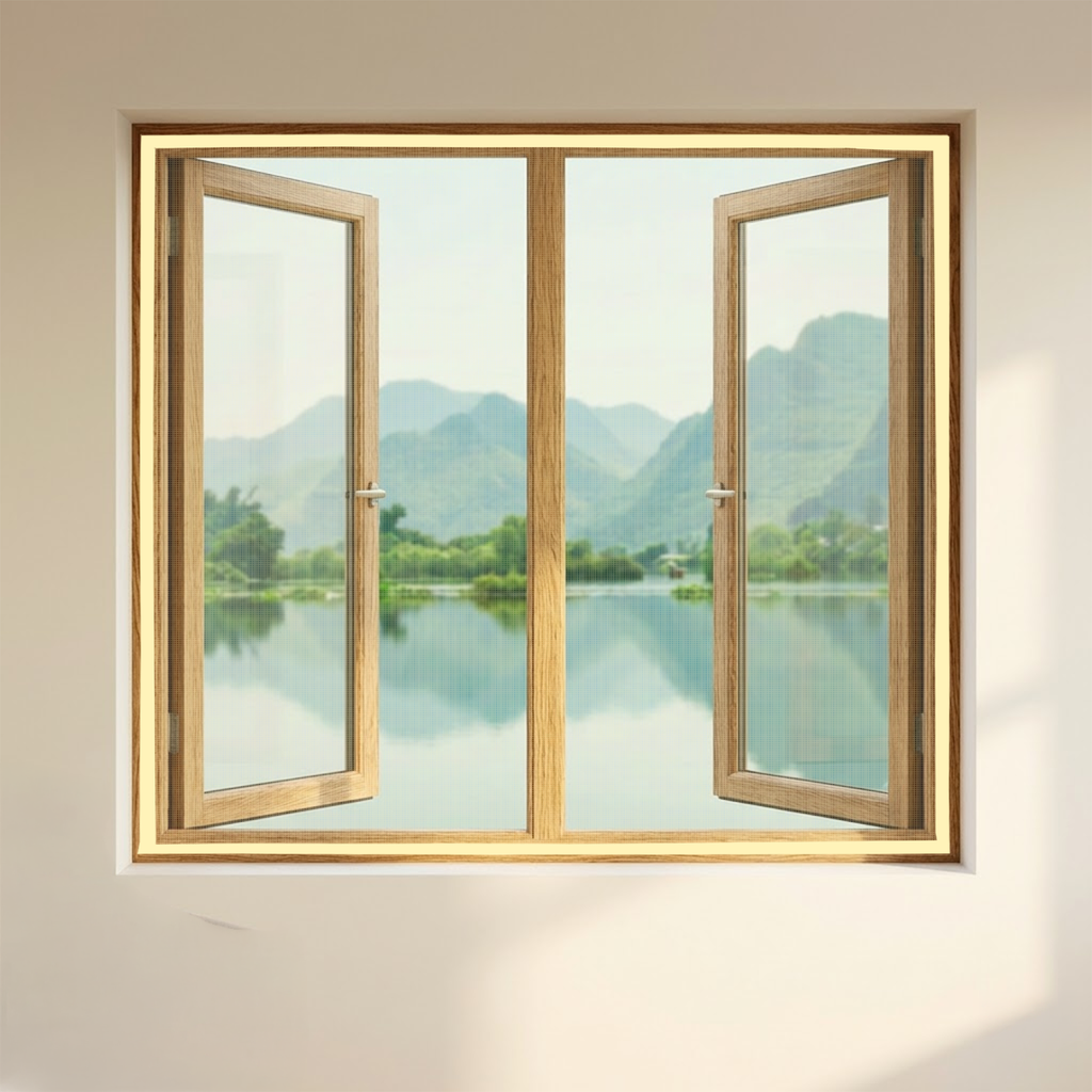 Beige fiberglass pre-stitched window mosquito net by LifeKrafts – subtle warm tone blends with most Indian home walls and window frames