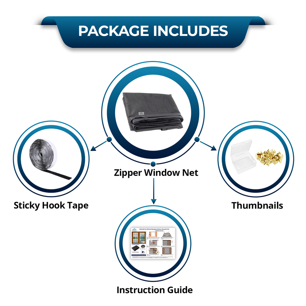 Box Contents – LifeKrafts Charcoal Grey Zipper Net, Adhesive Hook Tape, Thumbnail Pins & Printed Installation Instructions – No Extra Tools Required