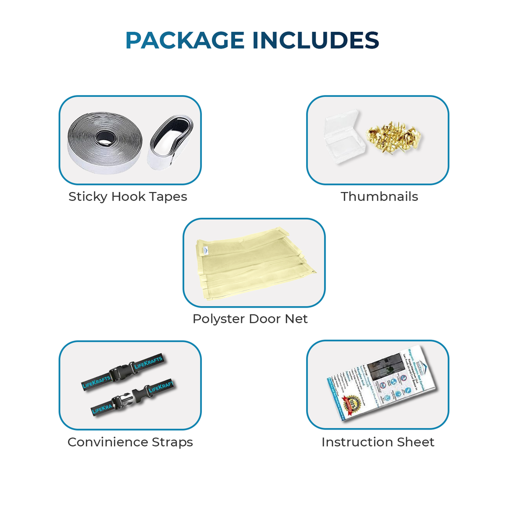 Polyester door mosquito net with sticky tapes, thumbtacks, straps & instructions for easy installation