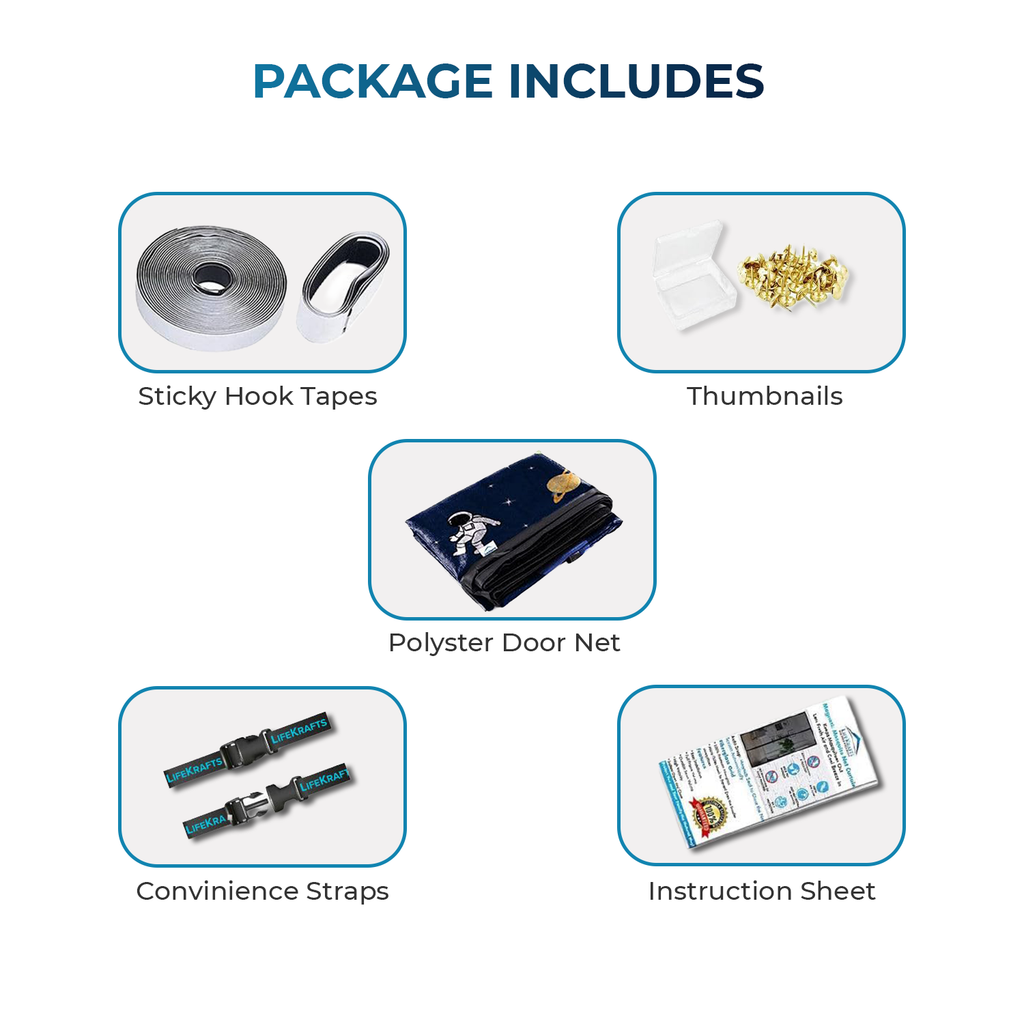 LifeKrafts Dark Blue Planet Mosquito Net Package Contents – Includes Mesh Curtain, Self-Adhesive Hook Tape, and Push Pins