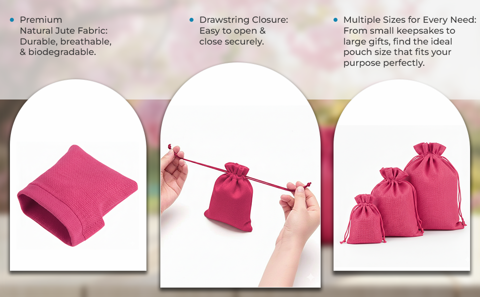 Jute Potli Bags Linen | Adjustable Drawstring Bags | Dark Pink | LifeKrafts
