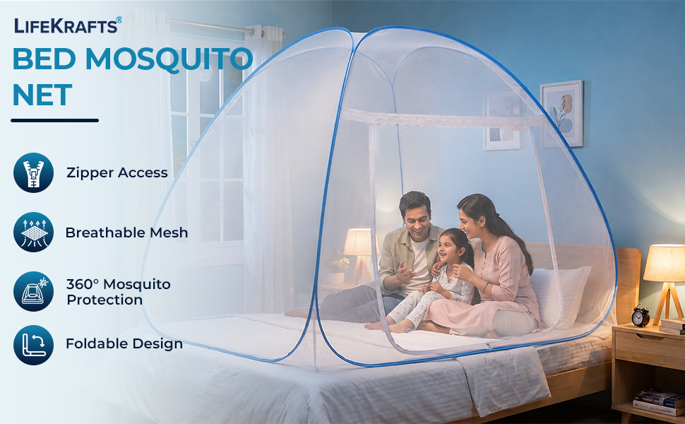 Mosquito Net for Bed | Foldable-Polyester Machardani Pop Up Self Opening | Travel-friendly foldable design | LifeKrafts