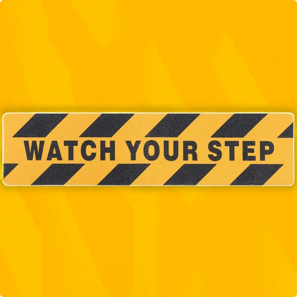 LifeKrafts yellow and black Watch Your Step anti-skid strip for stairs and walkways