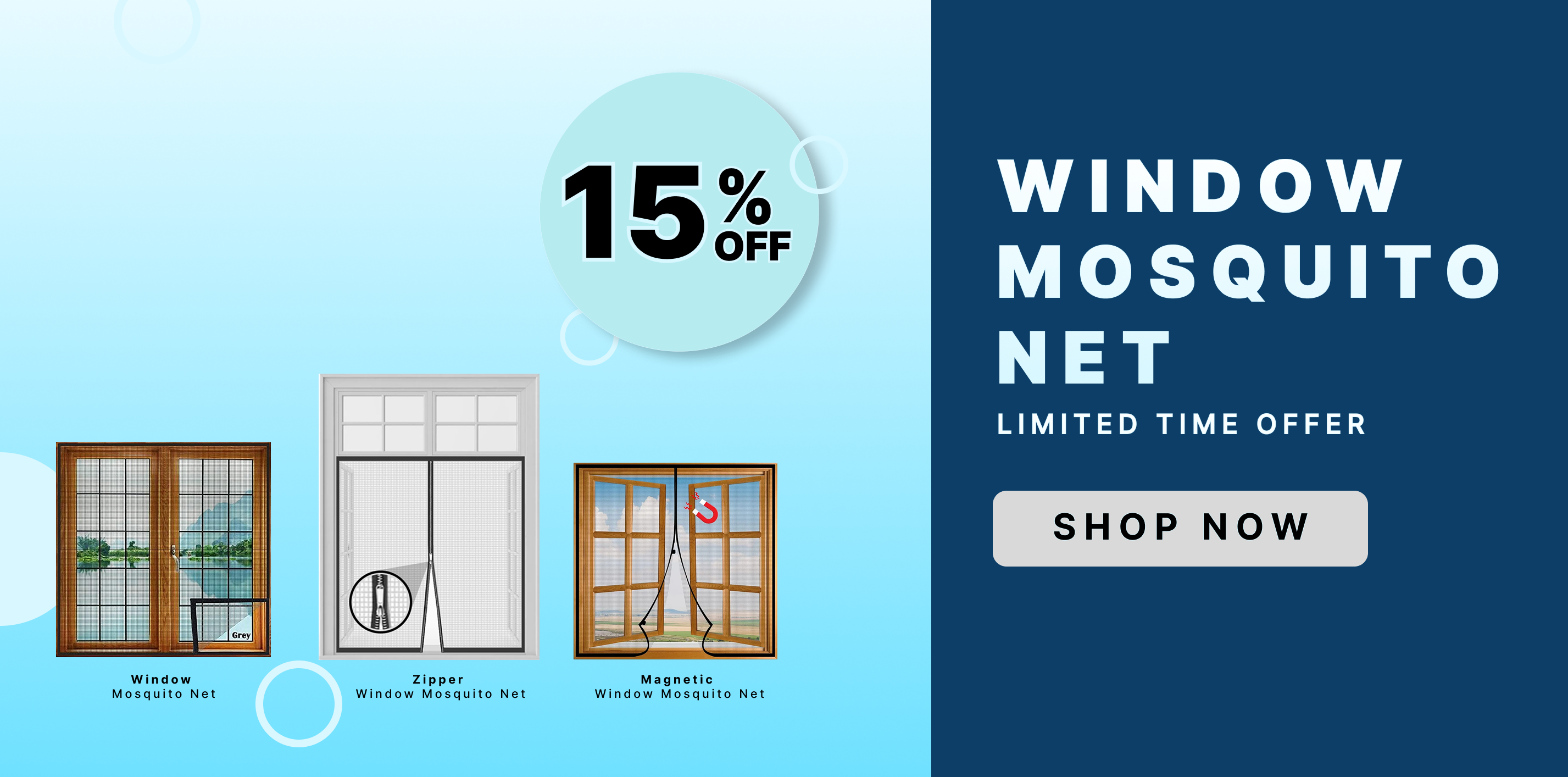 Promotional banner for window mosquito nets with a 15% off discount offer.
