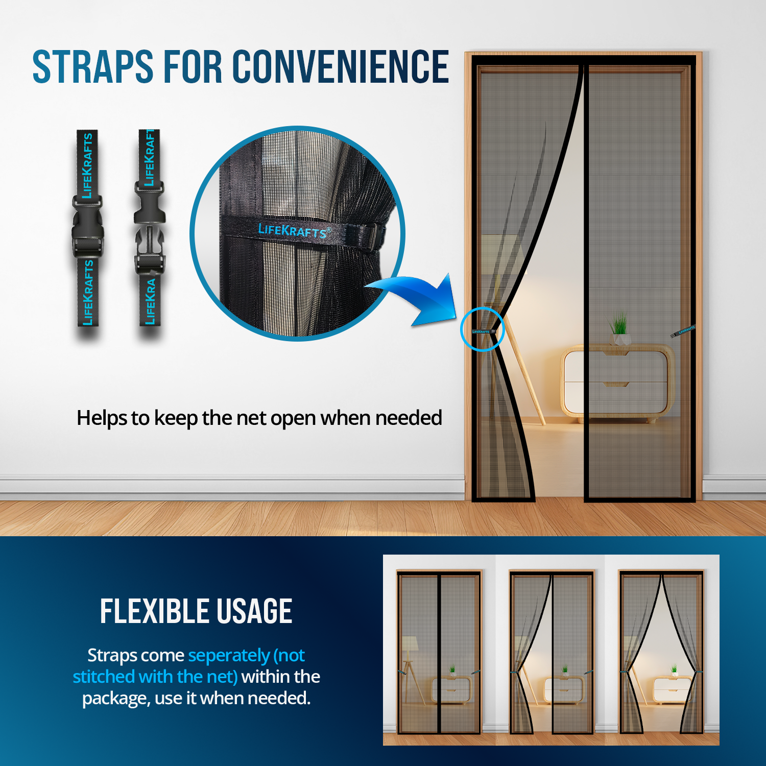 Convenience straps for holding LifeKrafts magnetic door mosquito net open when needed