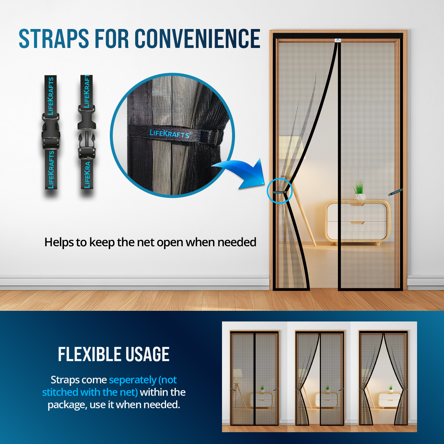 Heavy-Duty Velcro Hook & Loop Adhesive Straps for LifeKrafts Black Door Mosquito Net – Strong Hold on Wood, UPVC, Granite & Marble Frames – No Drilling Needed