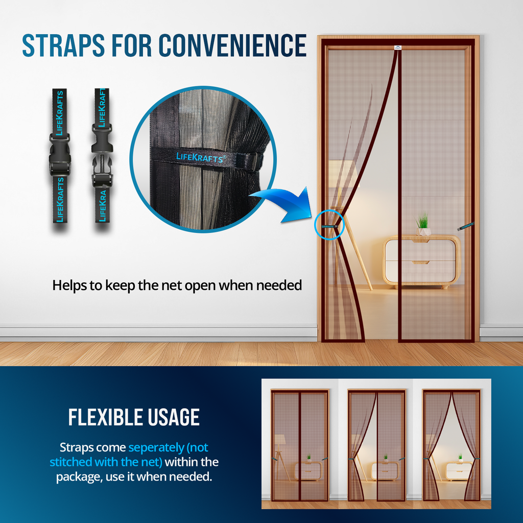 Strong Velcro Hook & Loop Adhesive Straps for LifeKrafts Brown Door Mosquito Net – Works on Wood, UPVC, Granite & Marble Door Frames